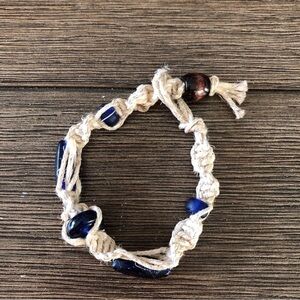 Handmade hemp and navy blue glass beads bracelet